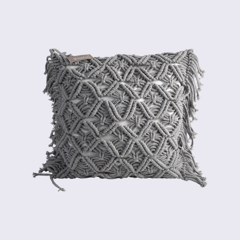 Boho Grey Tassel Woven Throw Pillow